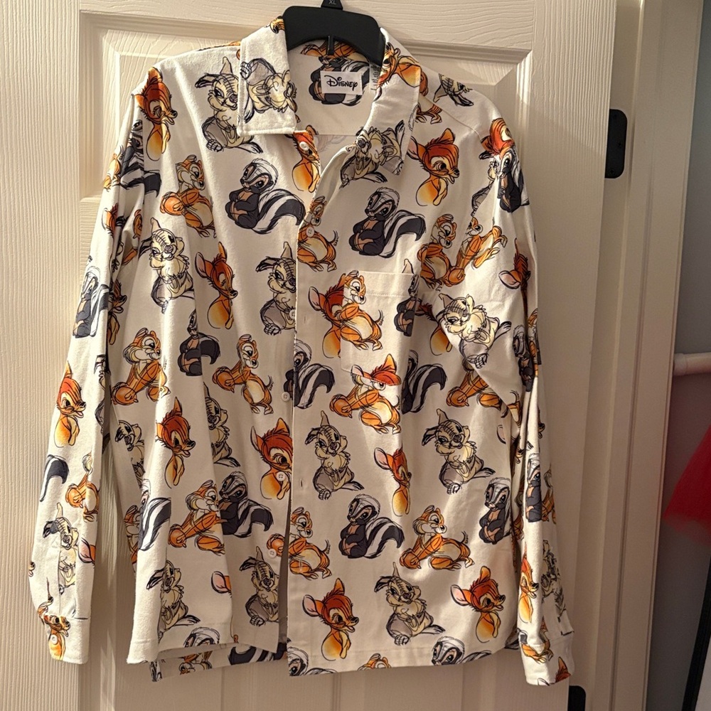 Disney Men's White Button-Down Shirt with Chip 'n' Dale Allover Print